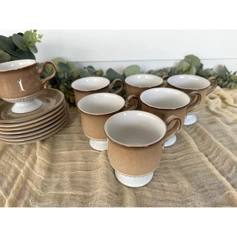Seven 1980's Seville Denby Langley cup saucer tan cream‎ England Stoneware VTG